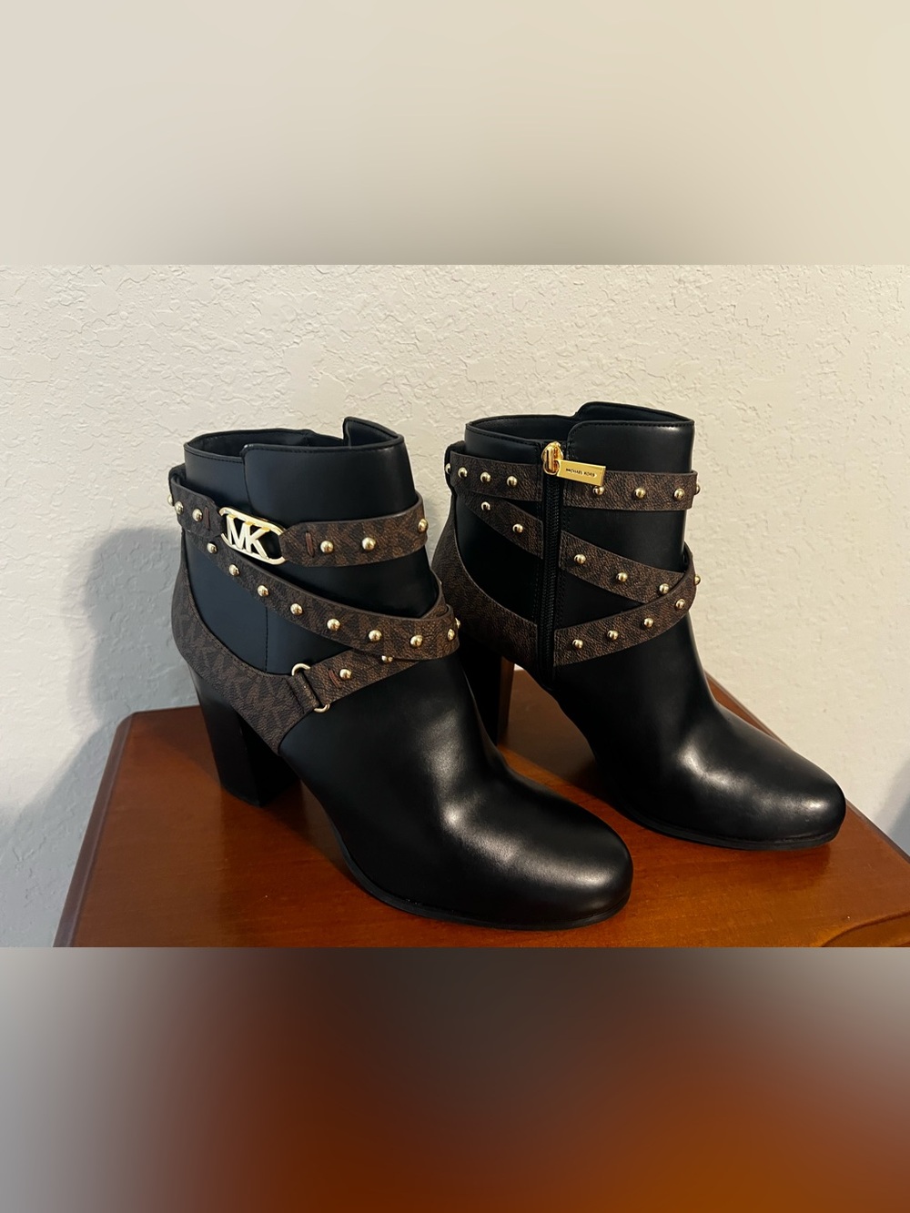 Michael Kors Black Leather Ankle Boots with Signature Brown Straps